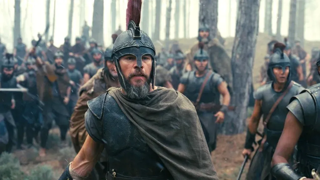 Matt Damon as Odysseus battling a storm in The Odyssey